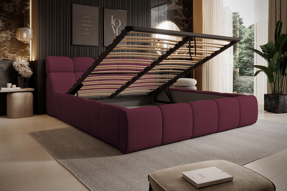 POLSTERBETT GIULIA, komfortabel, mit Bettkasten, verstellbarem Kopfteil und LED, 160x200x96 cm, Farbe Kastanie - Bordeaux/Schwarz, Holzwerkstoff/Kunststoff (160/200cm) - DomoHome