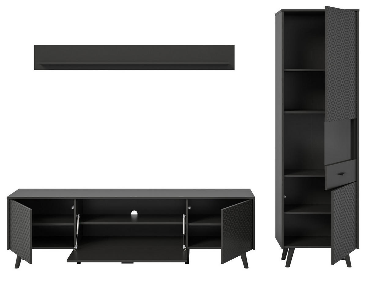 WOHNWAND grau matt 3-teilig 258 cm, Schrankwand mit Struktur - Schwarz/Grau, Glas/Holzwerkstoff (258/195/40cm) - Inn.Furn