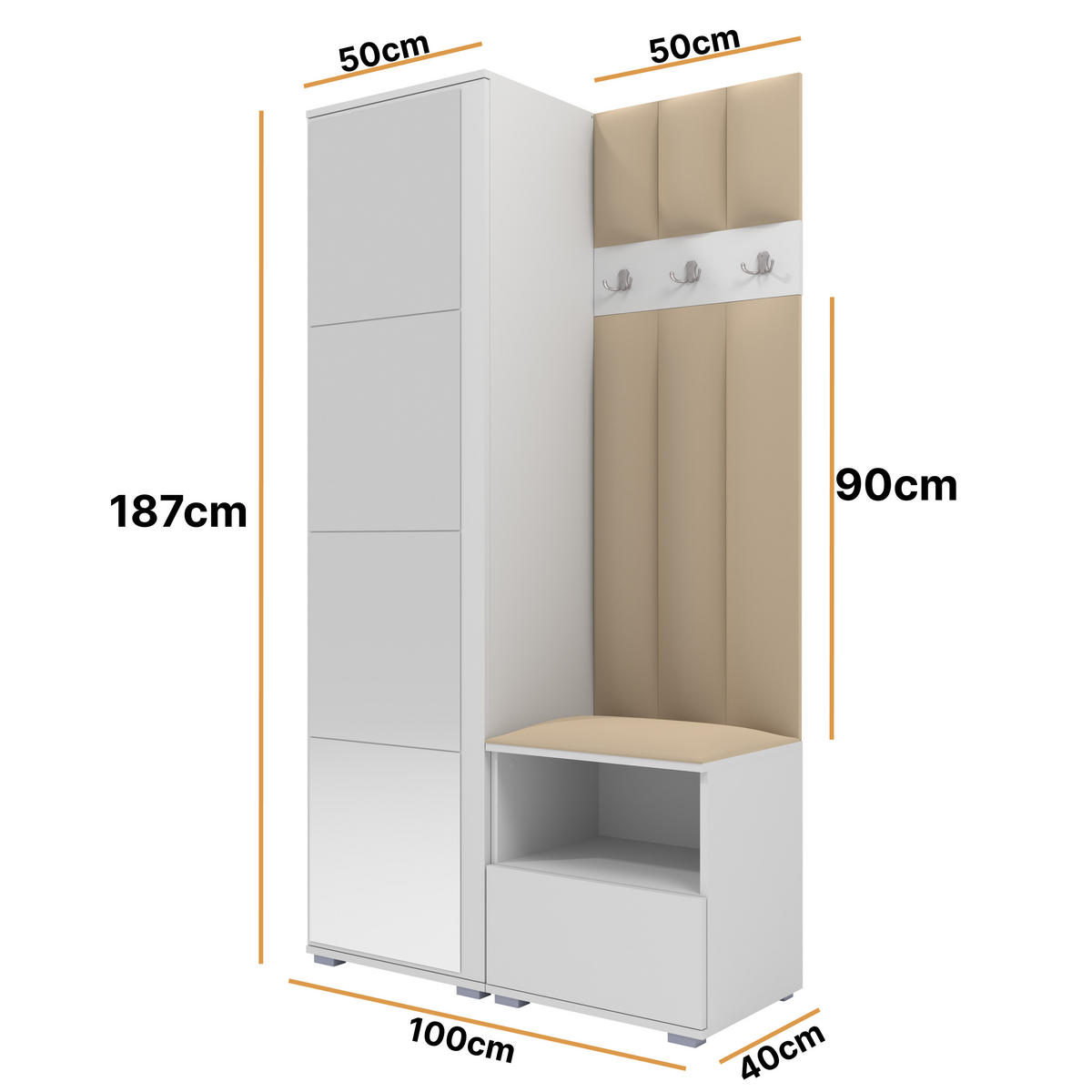 GEPOLSTERT Garderoben-Set Nela I LUX (Spiegel – Farbe Weiß + Stoff Trinity 04) - Beige/Silberfarben, Holz/Holzwerkstoff (100/187/40cm) - Ravio