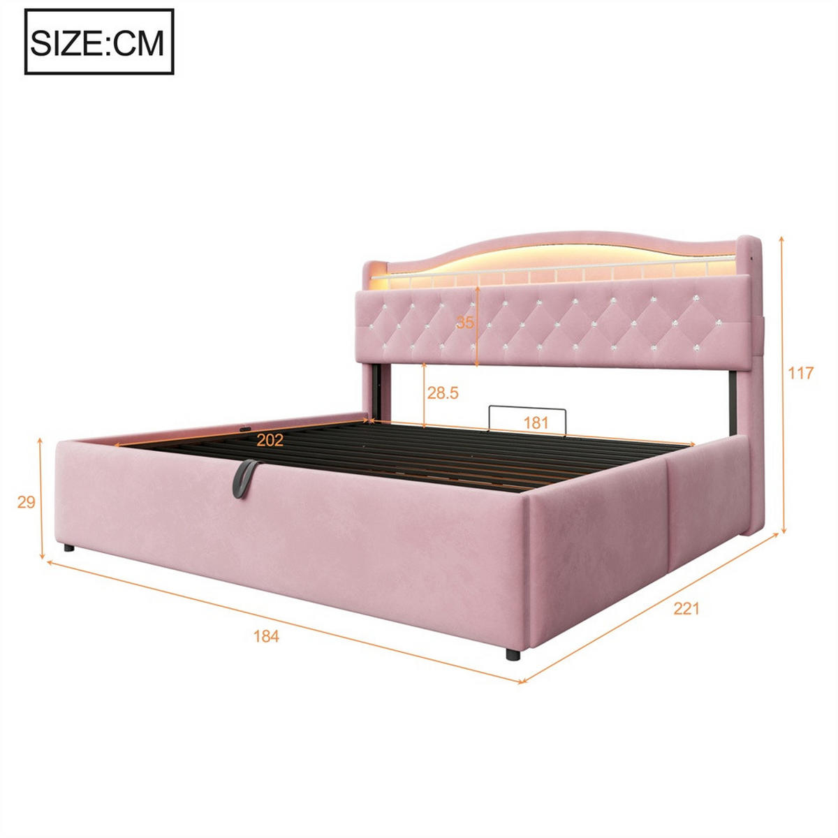 POLSTERBETT 180x200 cm mit hydraulischem Stauraum - LED Beleuchtung & Ladestation - Rosa - Ohne Matratze - Pink, Textil (180/200cm) - DELFA