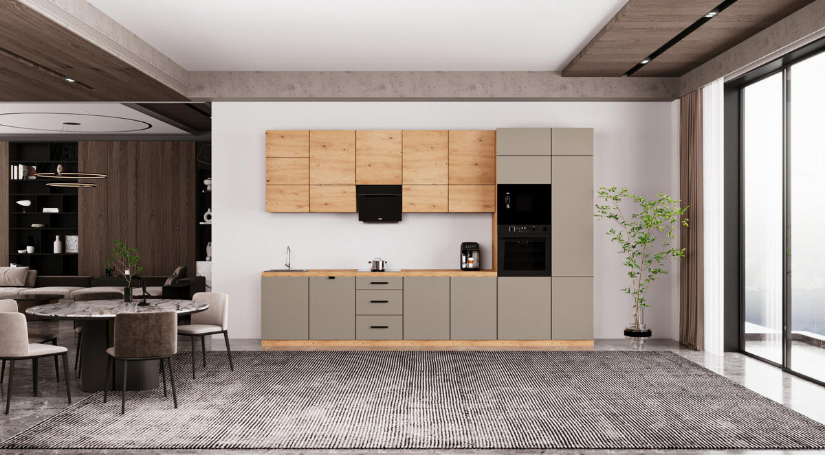 KÜCHENZEILE 400 cm - Langen KL21-M400 - in Beige / Artisan Eiche - Beige/Eiche Artisan, Holz (400/248/58cm)