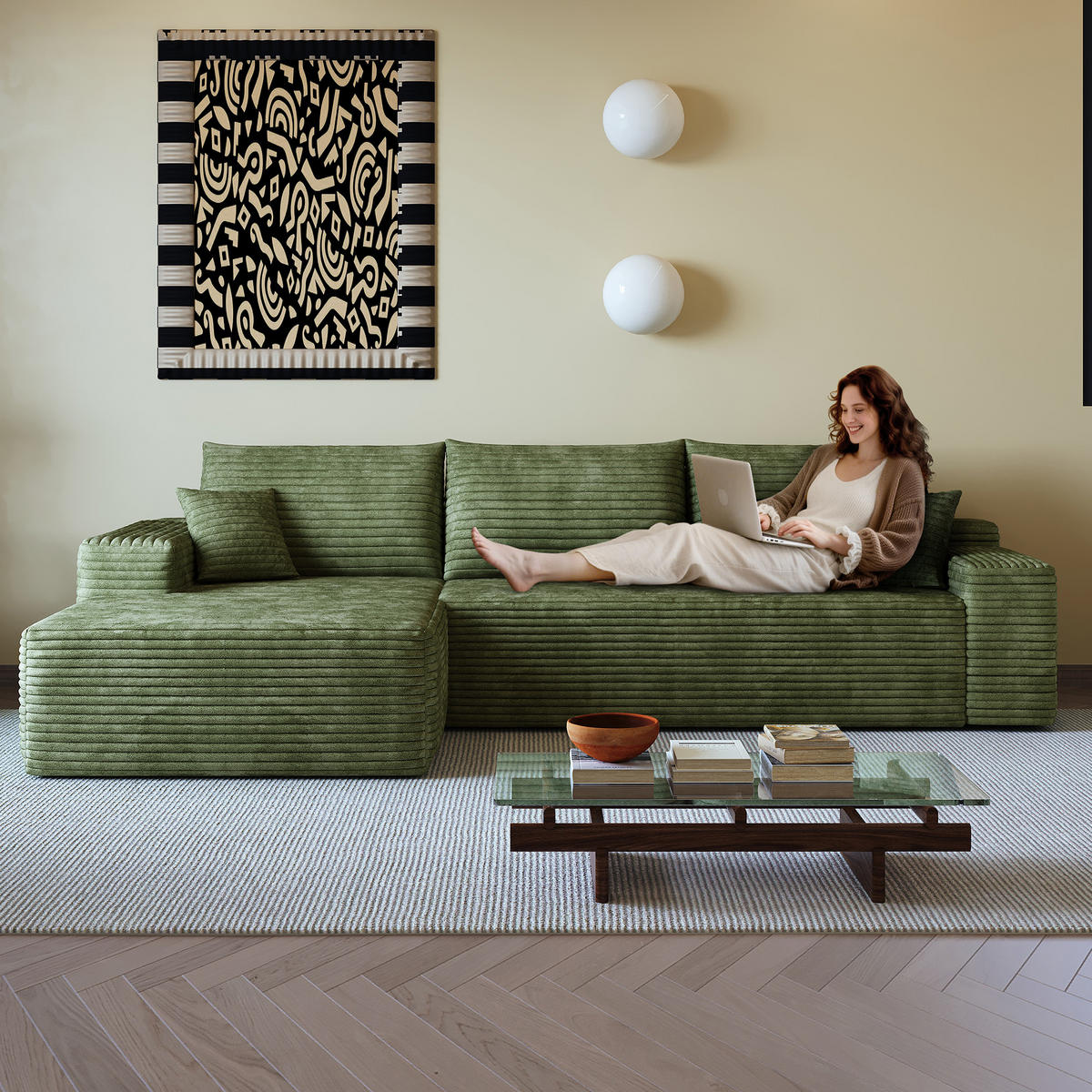 L-FÖRMIGES ECKSOFA Grün 270/175/83 cm 3-Sitzer Modular Cordstoff Ohne Montage - Grün, Textil (270/175cm) - PANGIVO