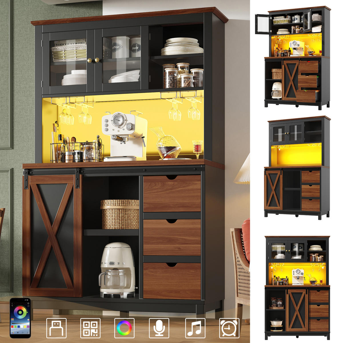 HIGHBOARD 104/180/40 cm Schwarz aus MDF, Metall und Glas mit LED-Beleuchtung - Schwarz, Glas (40/180/104cm) - OKMYHOME