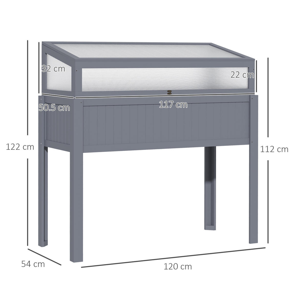 GEWÄCHSHAUS aus Holz 120x54x112/122 cm in Grau mit 2-in-1 Hochbeet - Grau, Holz (54/122/120cm) - Modfu