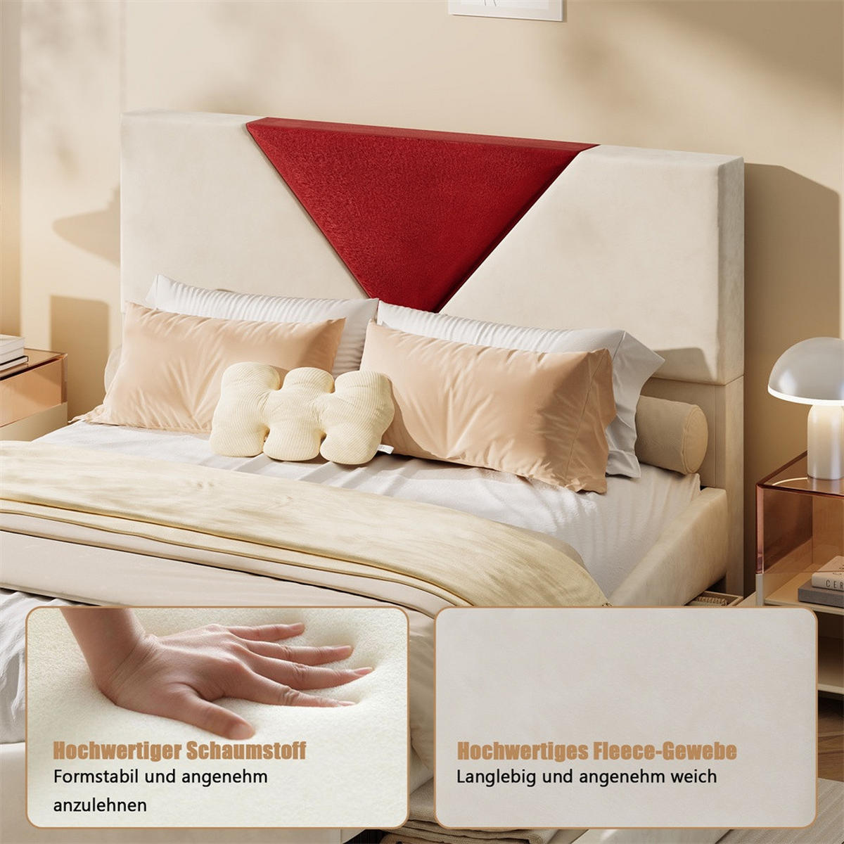 POLSTERBETT 160x200 cm - Doppelbett mit 4 Schubladen und geometrischem Kontrast-Kopfteil - ohne Matratze - Creme-Weiß - Beige, Textil (160/200cm) - DELFA