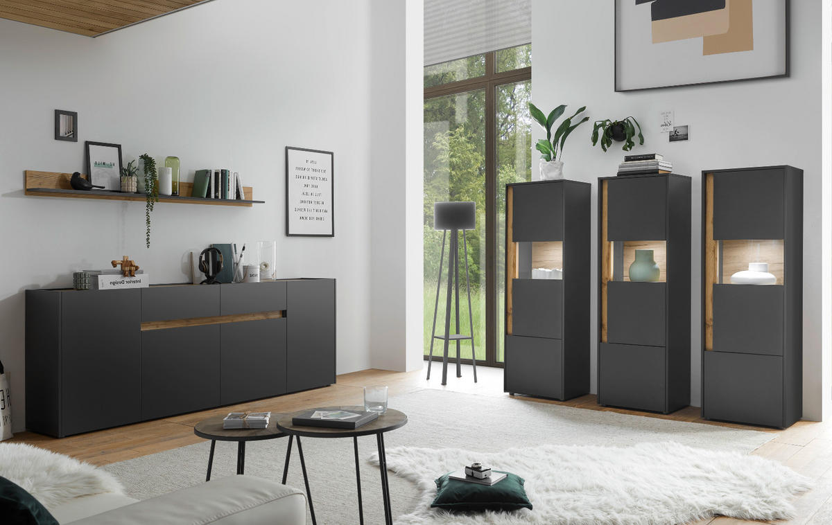 WOHNWAND 4-teilig grau matt, Eiche Wotan 400 cm, Schrankwand hängend - Eiche Wotan/Grau, Holz/Holzwerkstoff (400/180/30cm) - Furn.Design
