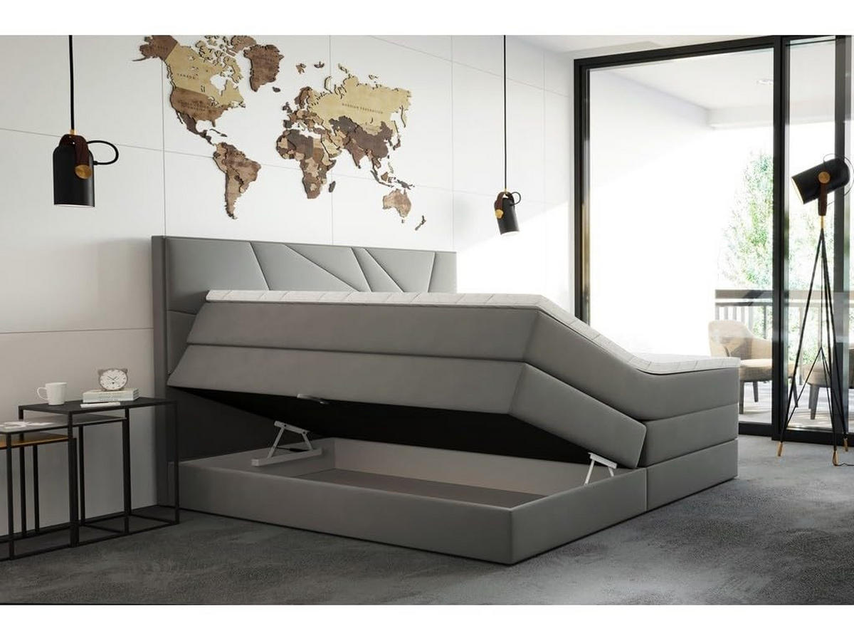 BOXSPRINGBETT VERDE LUX 180x200 cm, Bonell und Taschenmatratze, Topper 5 cm und Stauraum, Samtstoff, Grau - Grau, Holz/Kunststoff (180/200cm) - Trada