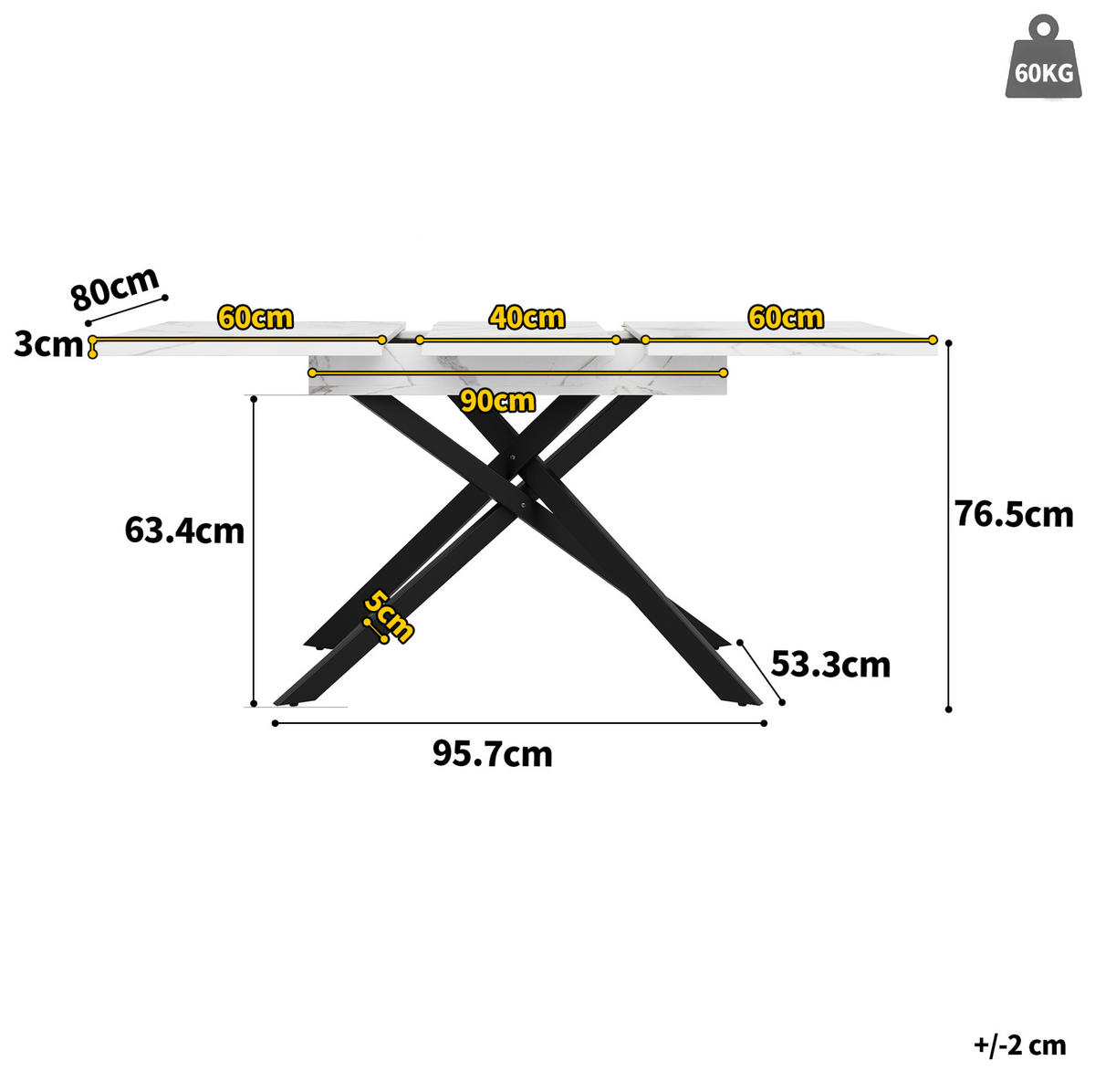 ESSTISCH 120-160/76,5/80 cm Weiß/Schwarz aus MDF und Metall mit Ausziehfunktion - Weiß, Holzwerkstoff (160/80/76.5cm) - OKMYHOME