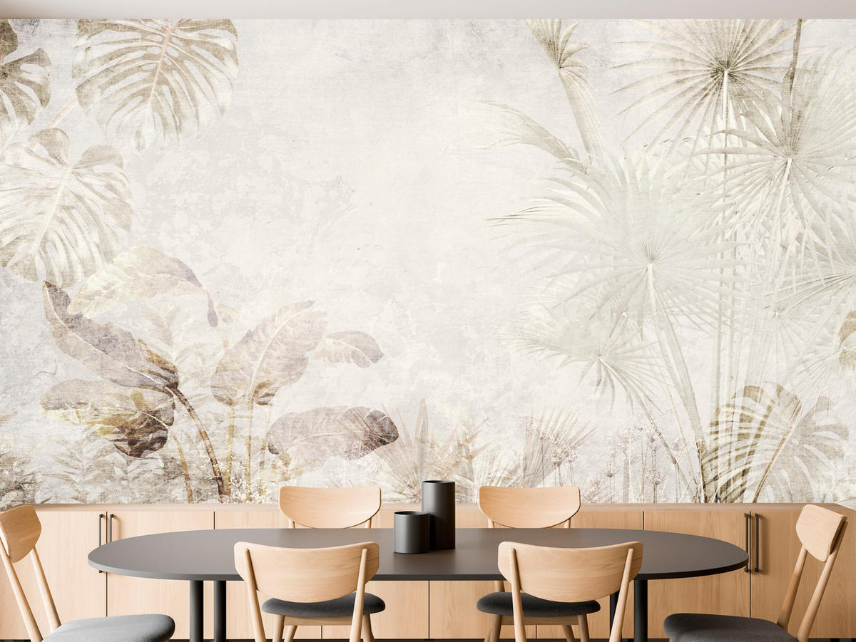FOTOTAPETE für Wohnzimmer Tropisch Vintage Palmenblätter Beton 500x350 - Beige/Creme, Papier (500/350cm) - Muralo