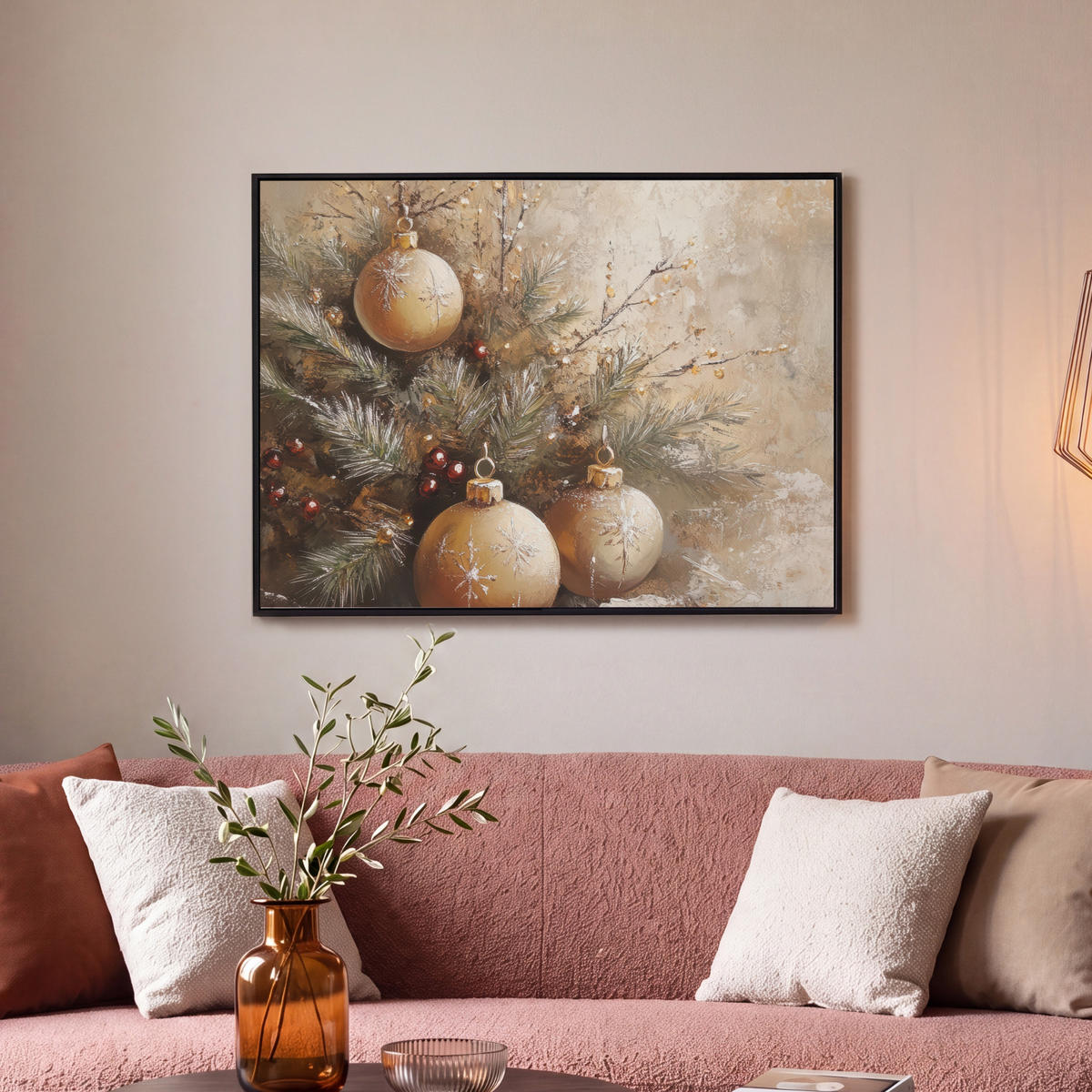 LEINWAND Bilder mit Rahmen - Weihnachten - Kugeln - Beige - Gold - 80x60 - Goldfarben, Textil (80/60cm) - MuchoWow