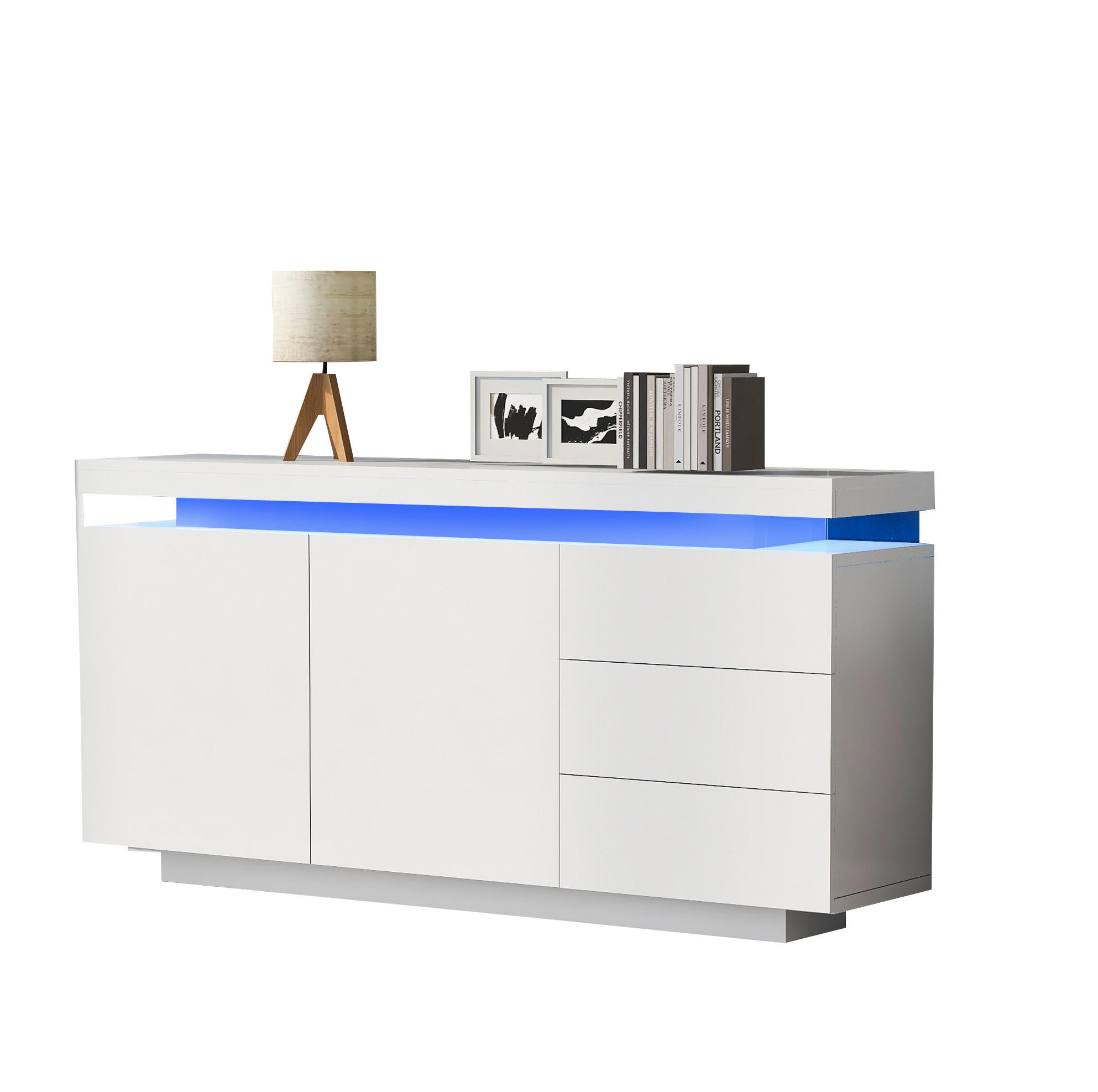 SIDEBOARD 140/35/72,5 cm, Weiß Hochglanz, 2 Türen und 3 Schubladen, integrierte LED, grifflose Optik, Weiß - Weiß, Holzwerkstoff (140/72.5/35cm) - Redom
