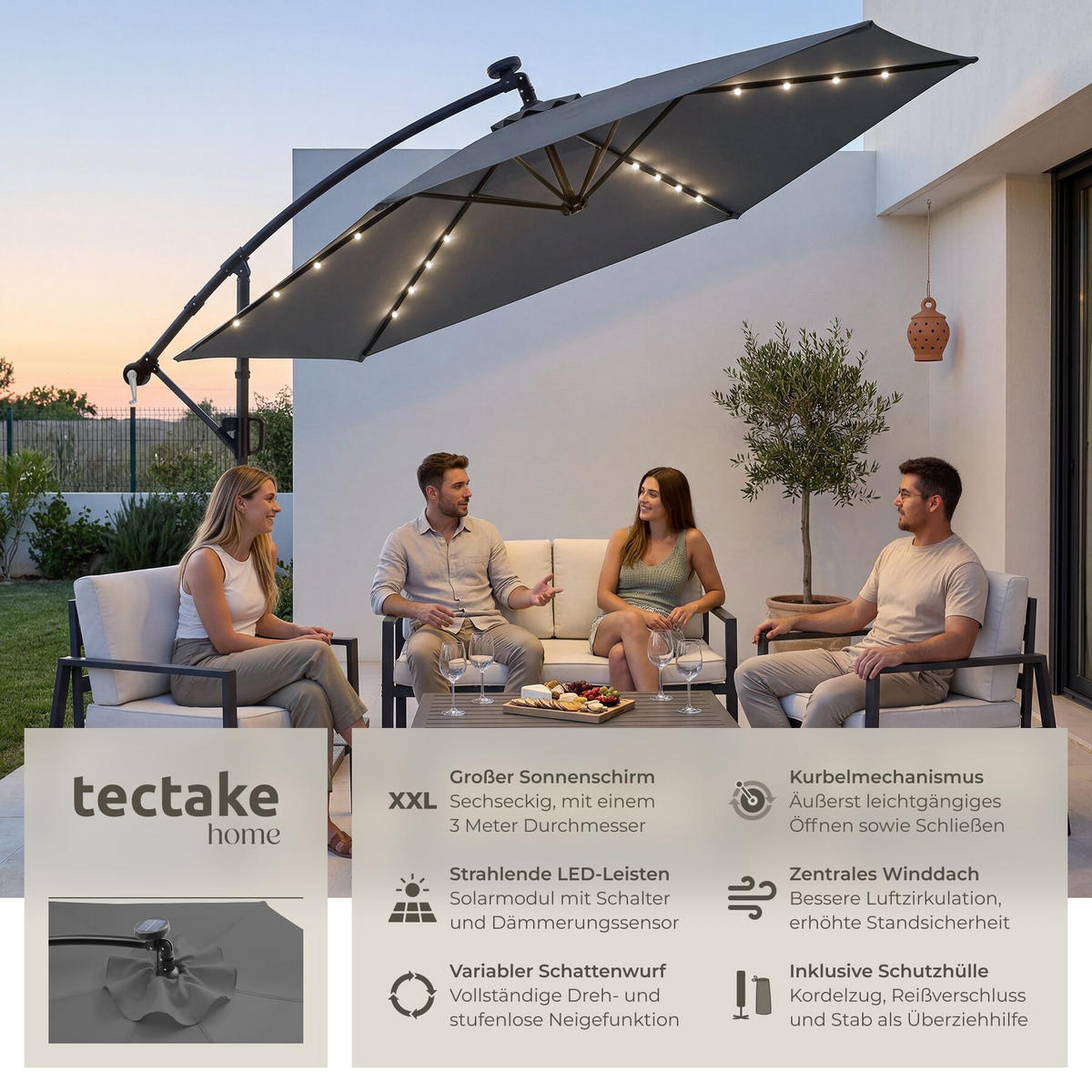 AMPELSCHIRM Artemis, mit LED Solar-Beleuchtung, inkl. Schutzhülle, grau - Grau, Metall (300/291cm) - tectake