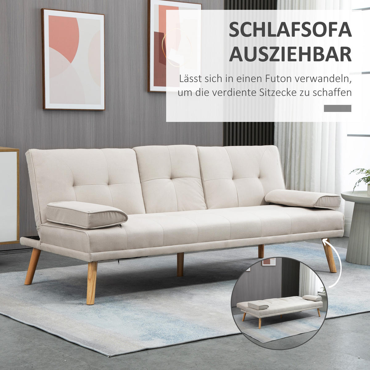 SCHLAFSOFA Sofabett Schlafcouch 3 Sitzer Leinen Beige - Beige/Naturfarben, Holz/Textil (77/78/181cm) - HOMCOM