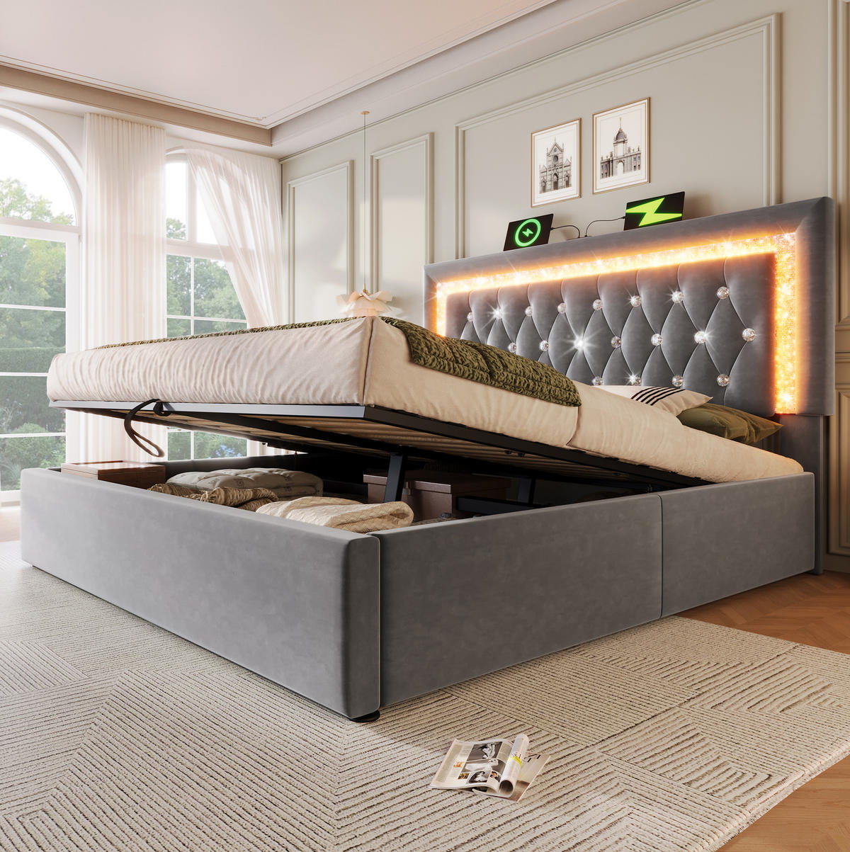 POLSTERBETT mit Bettkasten 160x200 cm Samt Grau mit LED und USB - Grau, Metall (160/200cm) - Meubliv