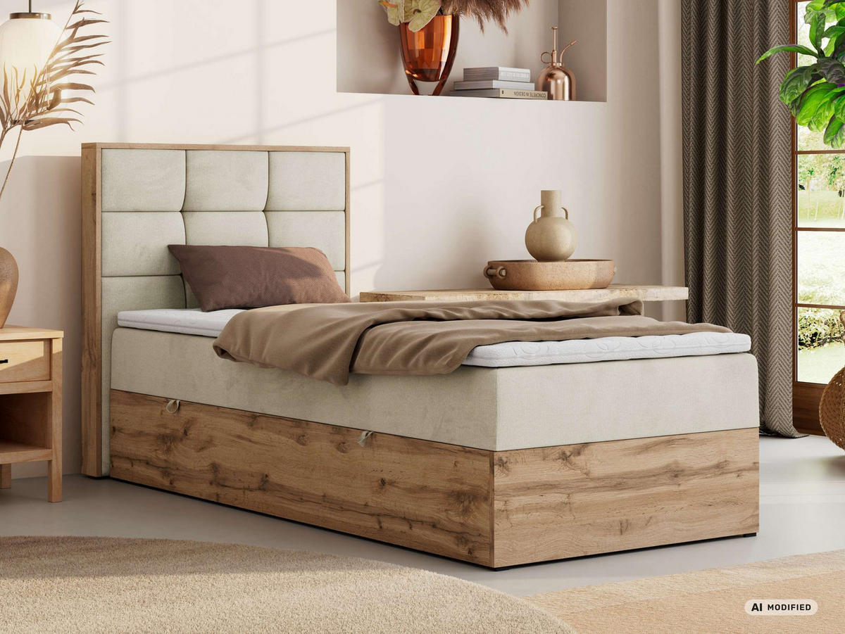 BOXBETT ALBERO 1 90/200 - Beige Velvet - Topper T25 - H3 - Links - Beige/Schwarz, Kunststoff/Textil (90/200cm) - MKS