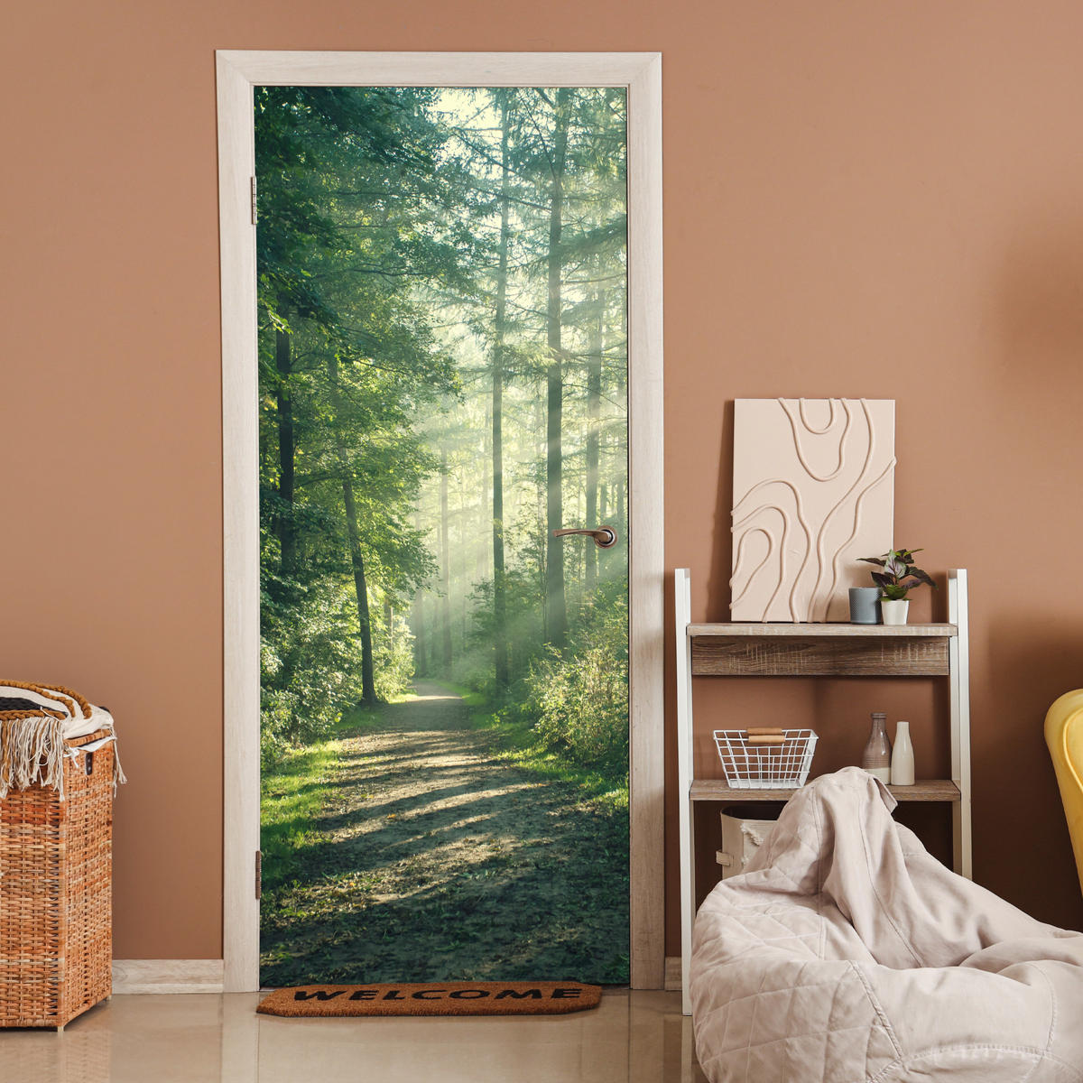SAMOLEPKA NA DVEŘE Les - Cesta - Slunce - Stromy - Zelená - Příroda 95x215 - lesní zelená, plast (95/0.1cm) - MuchoWow