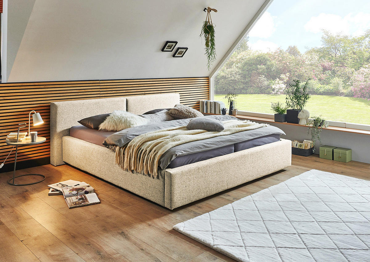 POLSTERBETT mit Stauraum - Webstoff - Beige, Holzwerkstoff (180/200cm) - home24