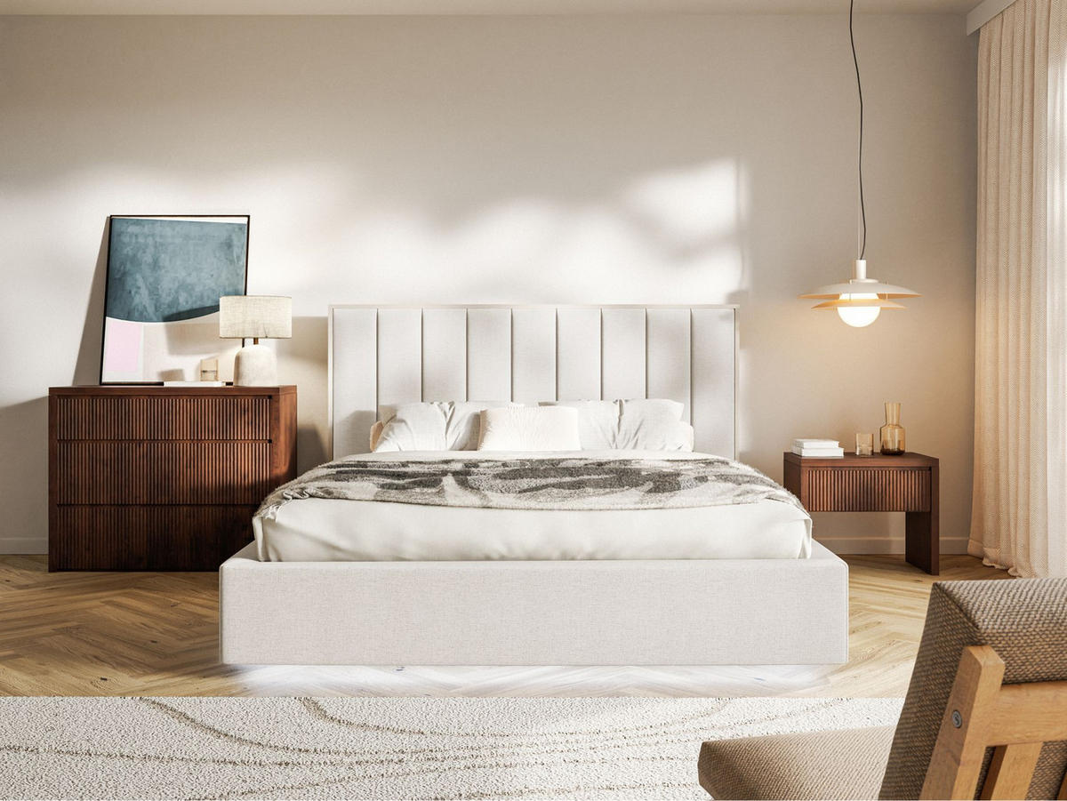 POLSTERBETT Togents Hellbeige mit Chenillebezug, Bettkasten und LED, 180x200 cm - Ecru, Textil (180/200cm) - Selsey