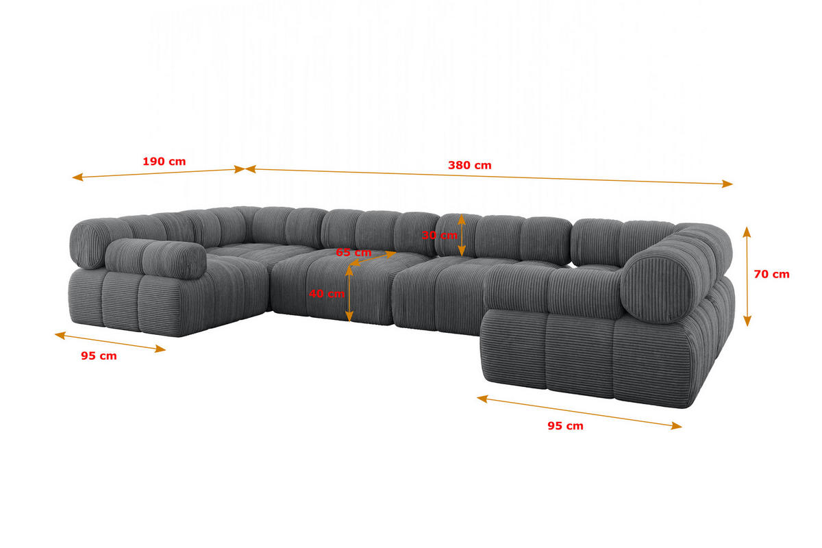 WOHNLANDSCHAFT modulares Sofa Birno-U2 - 380x190x70 cm Dunkelgrau Cord - Dunkelgrau, Holzwerkstoff/Textil (380/70/190cm) - ALTDECOR
