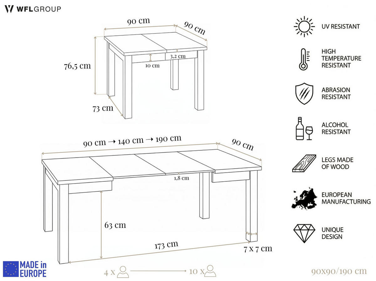 ESSTISCH Toren Weiß ausziehbar verlängerbar quadratisch, Eiche Artisan Hellbraun 90-190/90/76.5 cm - Weiß/Eiche Artisan, Holz/Holzwerkstoff (90/90/77cm) - WFL GROUP