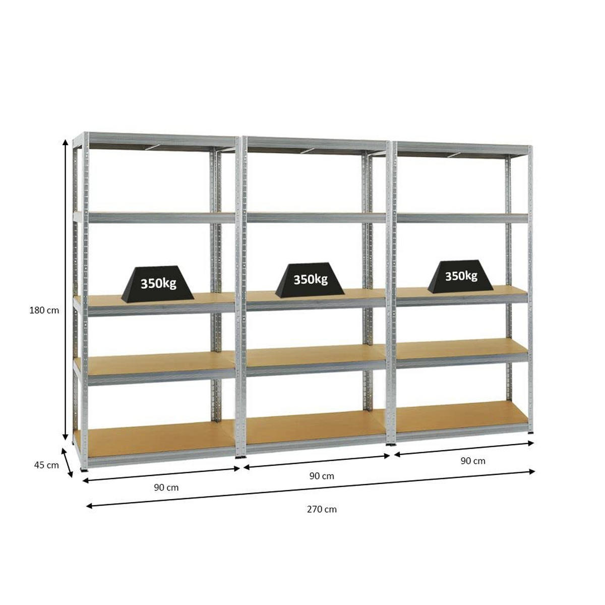 SCHWERLASTREGAL Slim Elephant S 3er-Set mit 3x 180x90x45 cm 5 Ebenen Fachlast 350 kg Verzinkt - Silberfarben, Metall (270/180/45cm) - PROREGAL