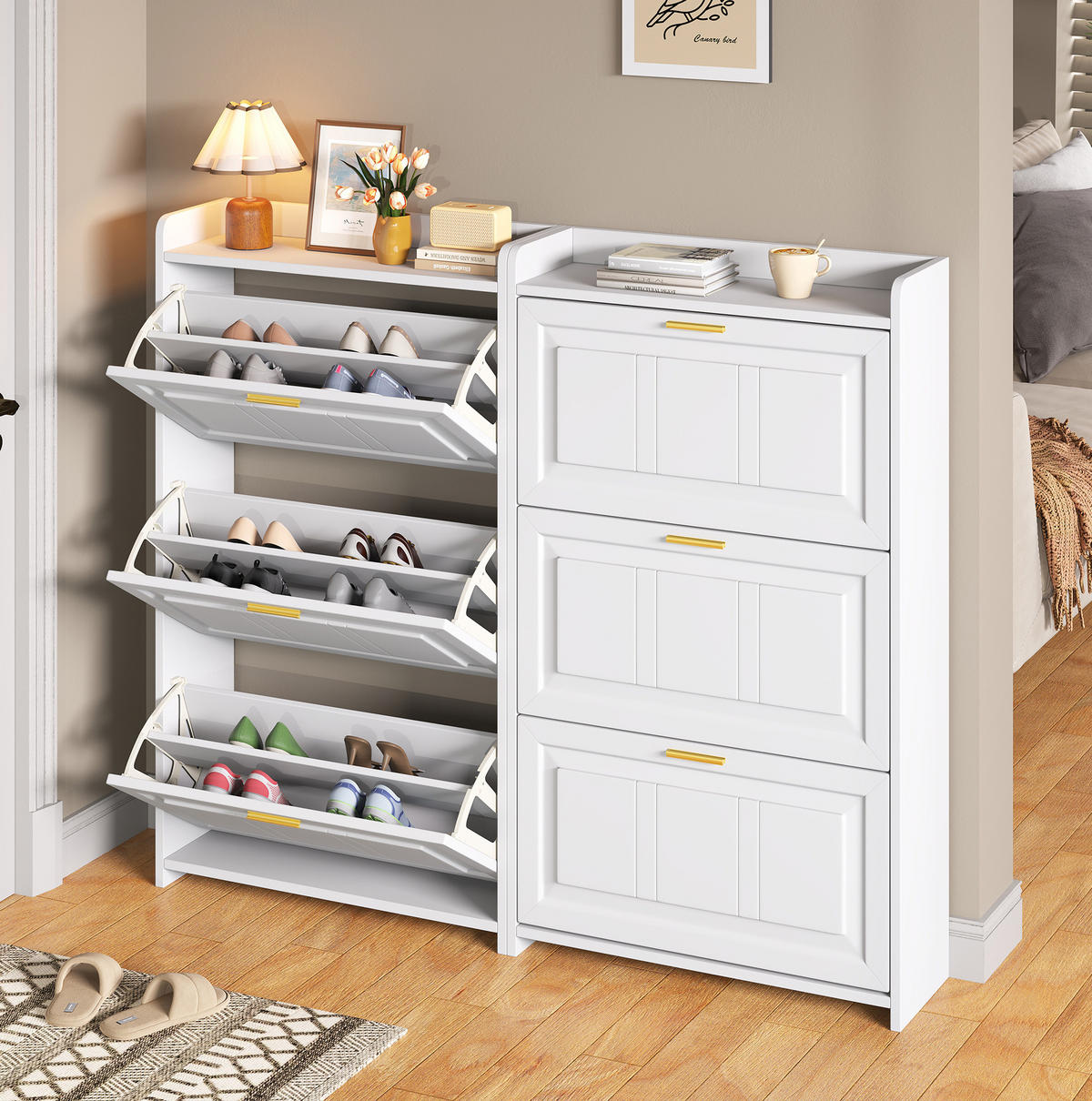 SCHUHSCHRANK mit Klappen 70/24/120 cm, 2er-Set in Weiß, platzsparend - Weiß, Holzwerkstoff (140/120/24cm) - BEAOK