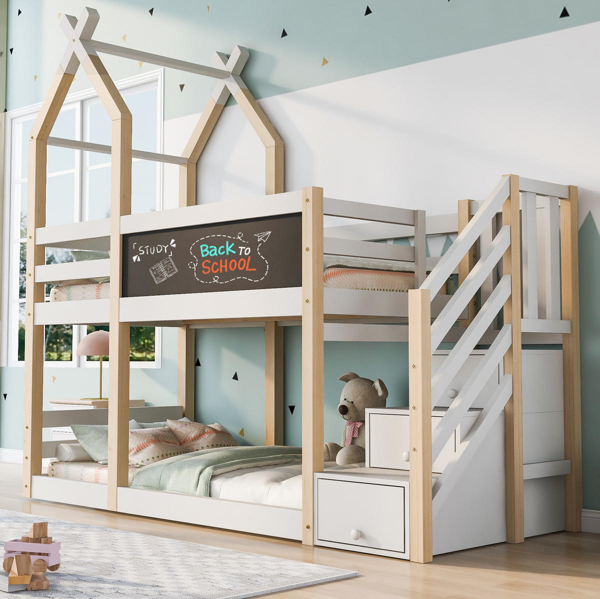 ETAGENBETT 90/200 cm Weiß Baumhaus Design mit Tafel und Rausfallschutz - Weiß, Holzwerkstoff (90/200cm) - OKWISH