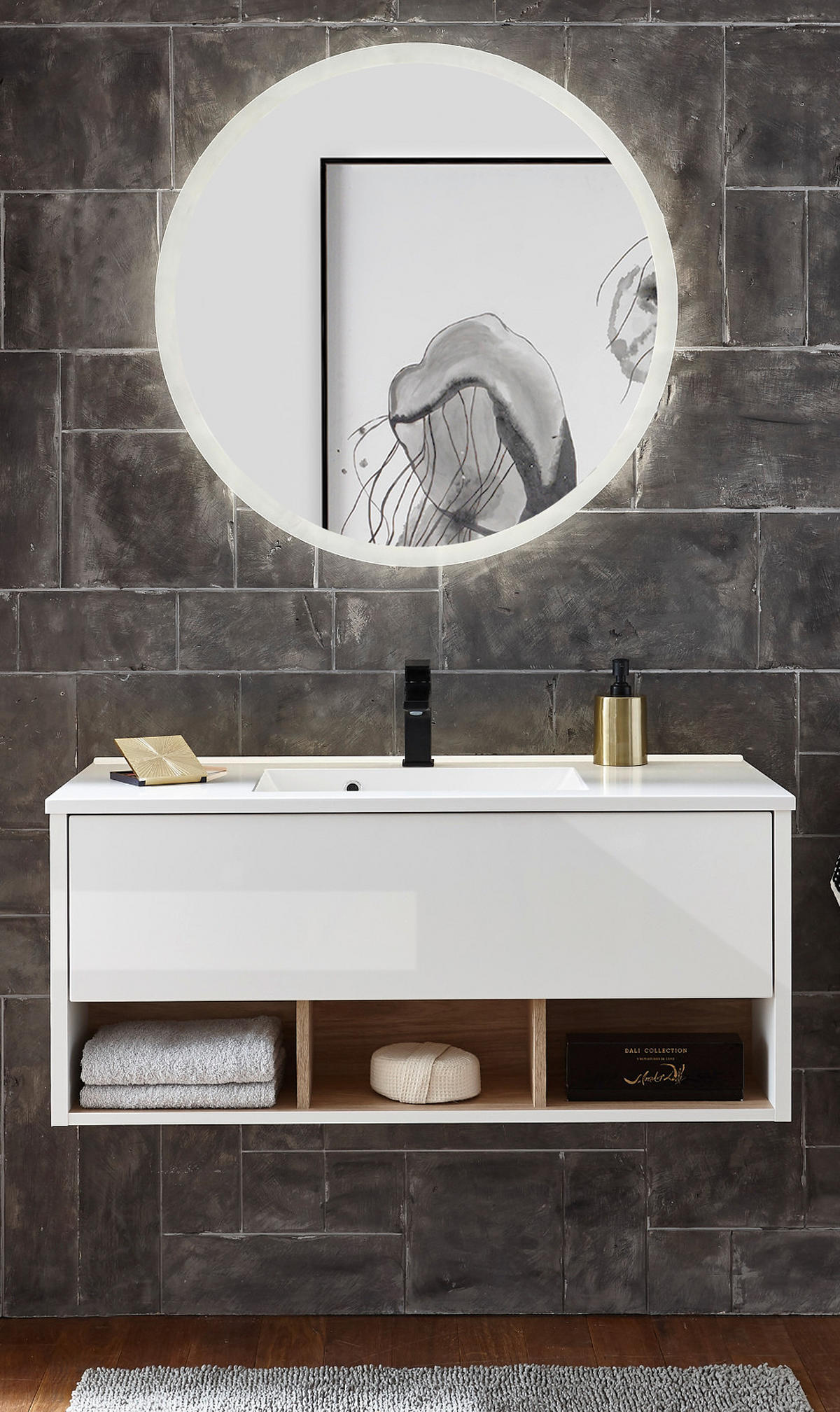 BADMÖBEL-SET 2-teilig weiß Hochglanz, Eiche mit Waschbecken und LED Beleuchtung 100 x 190 cm Glide - Weiß Hochglanz/Eichefarben, Glas/Holzwerkstoff (100/190/47cm) - Furn.Design