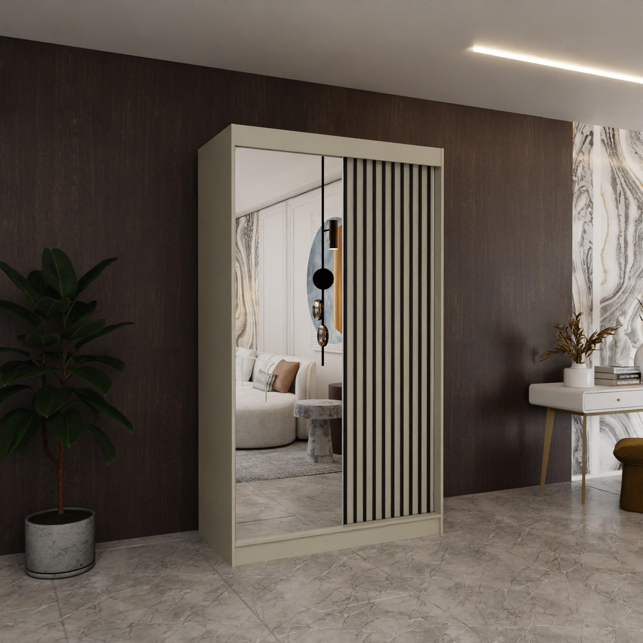 SCHWEBETÜRENSCHRANK Cabinio Beige 120/216/61 cm – mit Spiegel und Lamellen - Beige/Schwarz, Holzwerkstoff/Kunststoff (120/216/61cm) - AX Living