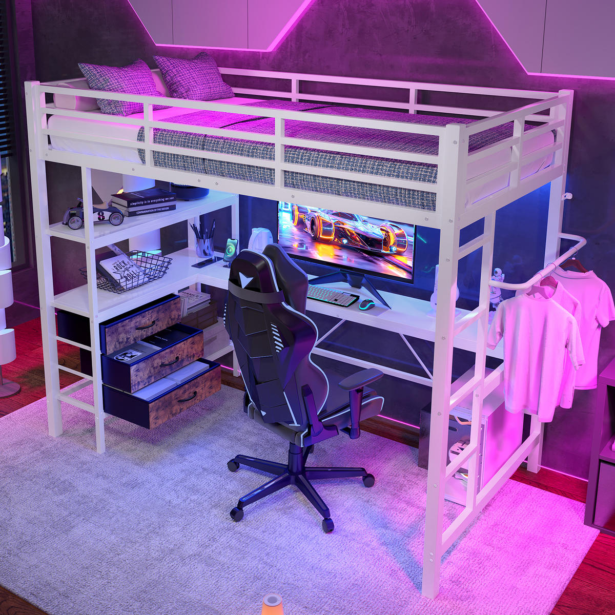 HOCHBETT 90/200 cm Weiß mit LED-Beleuchtung, Schreibtisch, Steckdose + USB, 3 Schubladen - Weiß, Metall (90/200cm) - OKWISH