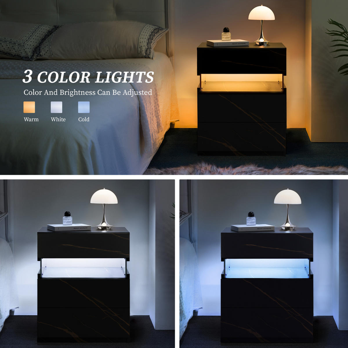 NACHTTISCH 48/38/61 cm Schwarz/Gold aus Holzwerkstoff mit LED-Beleuchtung - Schwarz, Holzwerkstoff (38/61/48cm) - OKWISH