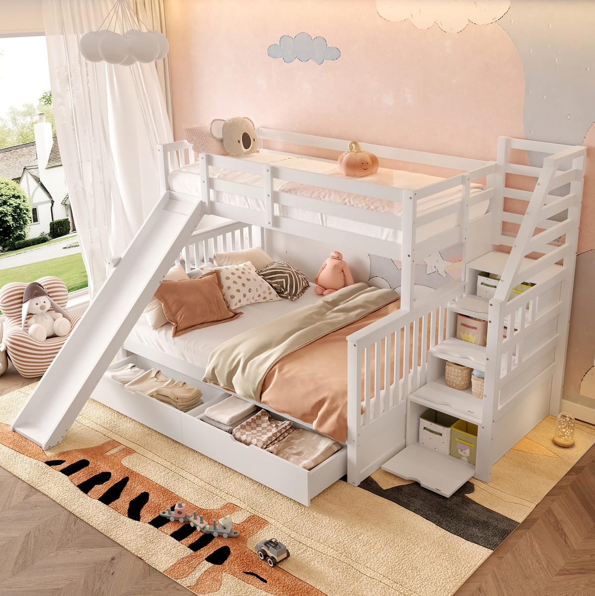 ETAGENBETT 90/200 cm und 140/200 cm Antique White mit Rutsche und Stauraum aus Kiefer - Weiß, Holzwerkstoff (90/200cm) - OKWISH