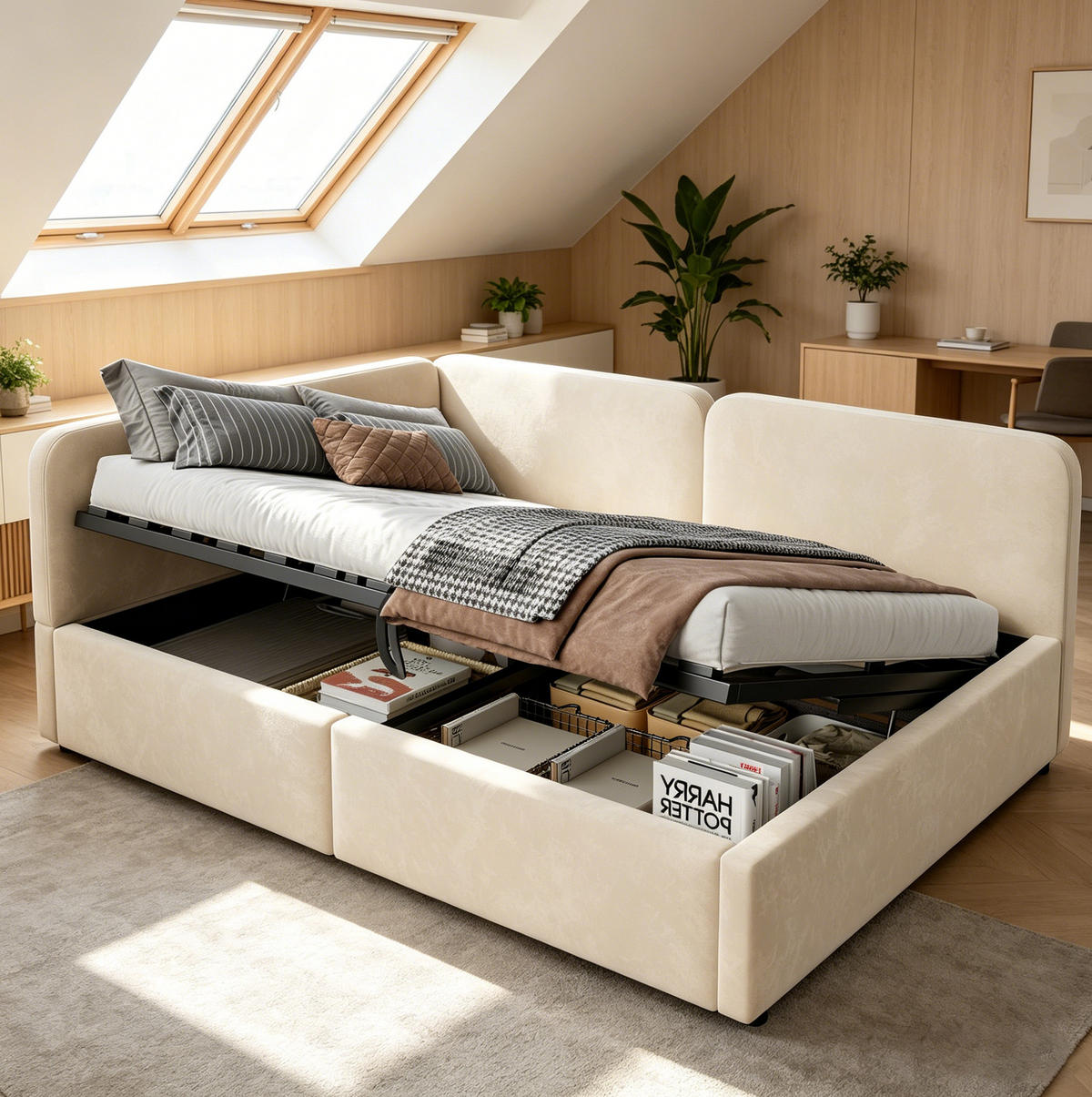POLSTERBETT 140/200 cm aus Stoff mit hydraulischem Stauraum Beige - Beige, Textil (140/200cm) - Modenvie