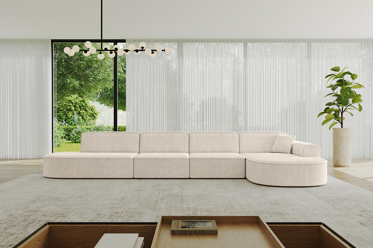 ECKSOFA Ottomane Rechts MARI-L3 - 402x163x73,5 cm Beige Cord - Beige/Schwarz, Holzwerkstoff/Kunststoff (402/163cm) - ALTDECOR