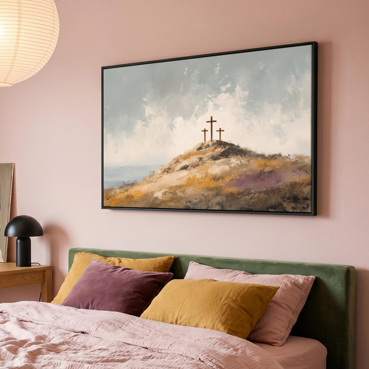 LEINWAND Bilder mit Rahmen - Hügel - Abstrakt - Christentum - Kreuz - 120x80 - Hellgrau, Textil (120/80cm) - MuchoWow