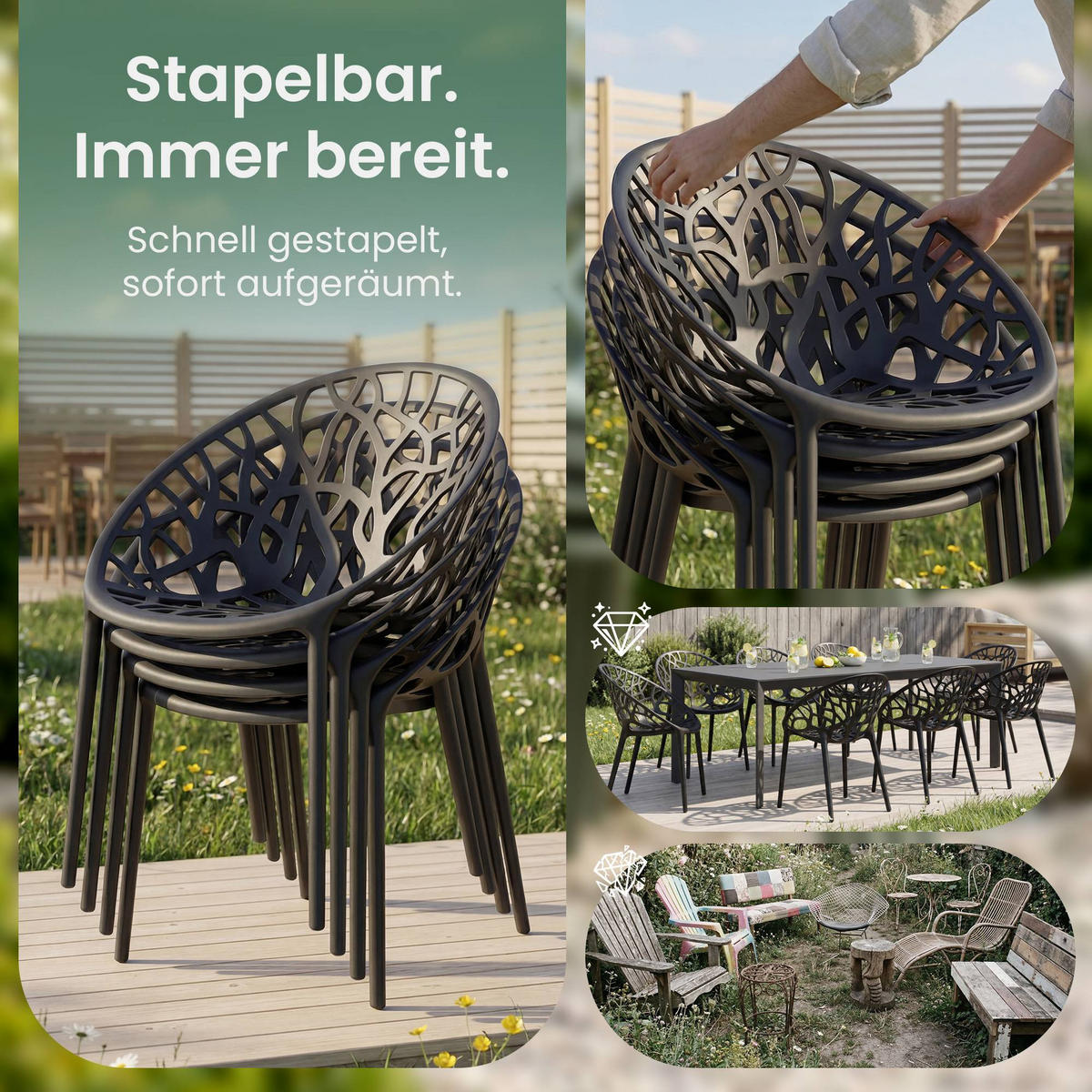 GARTENSITZGRUPPE 4 Kunststoff Schwarz - Schwarz, Kunststoff - CLP