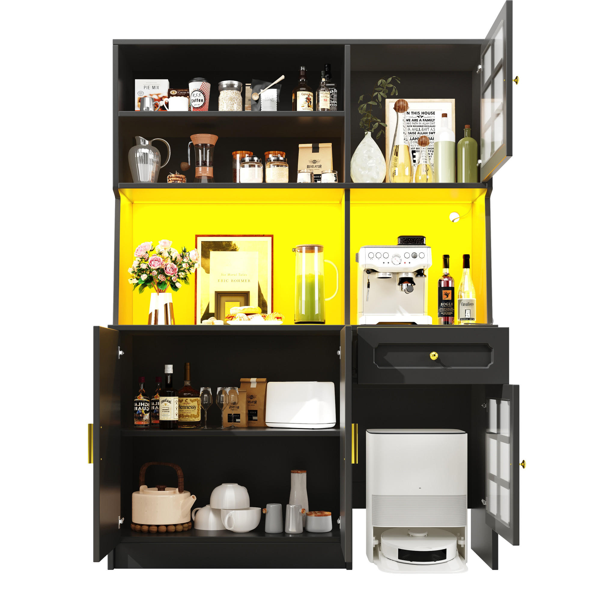BUFFET 130/45/180 cm schwarz aus MDF mit LED-Beleuchtung - Schwarz, Holzwerkstoff (130/180/45cm) - OKWISH
