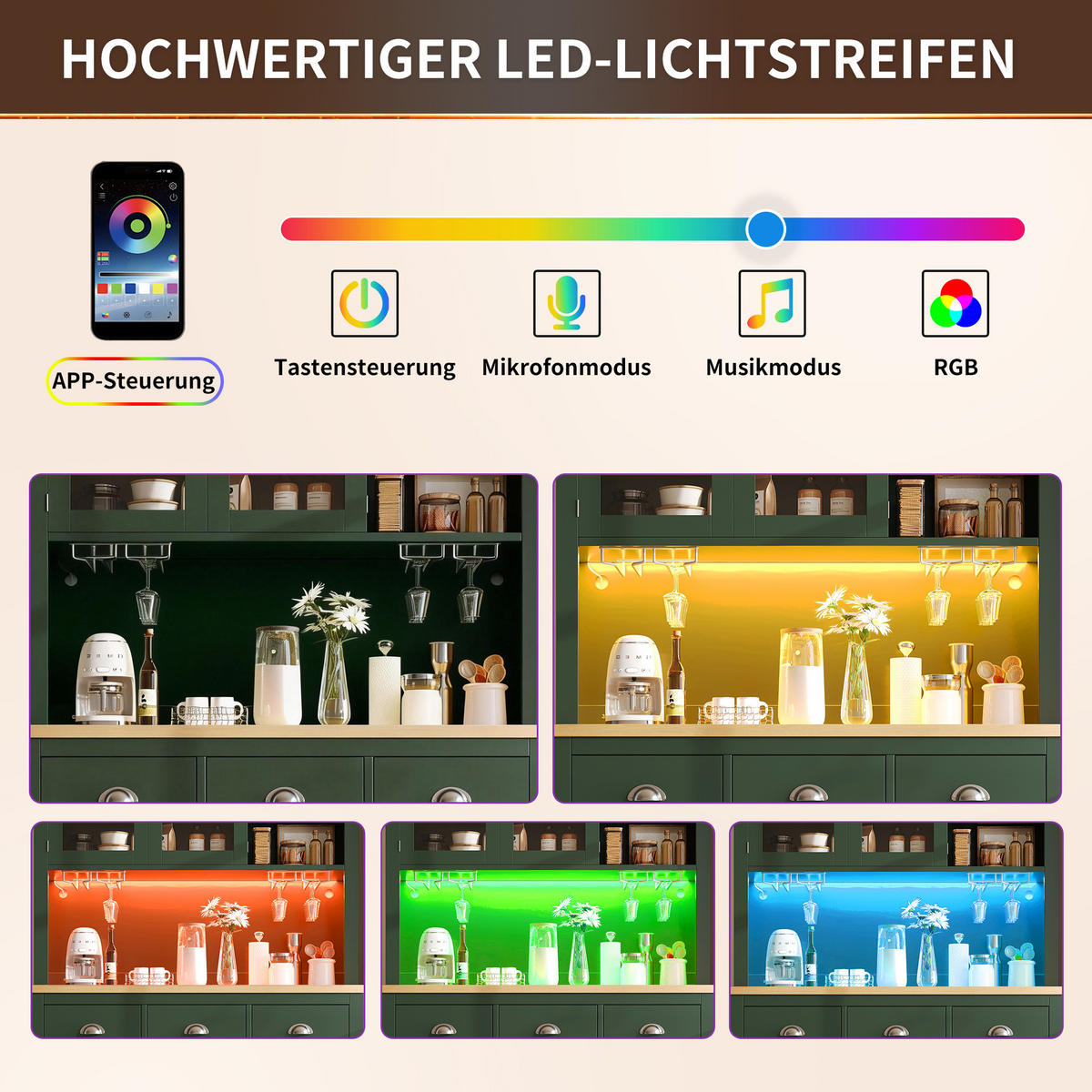 HIGHBOARD in Grün Küchenschrank mit LED-Lichtleiste und Schubladen für Küche und Wohnzimmer, B104/T40/H180 cm - Grün, Glas/Holzwerkstoff (104/180/40cm) - STILVORA