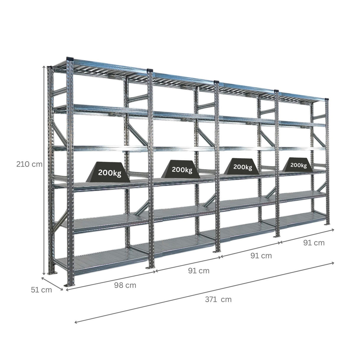 FACHBODENREGAL Proximo Stecksystem 210x360x50cm 6 Ebenen Beidseitig nutzbar Verzinkt - Silberfarben, Metall (360/210/50cm) - PROREGAL