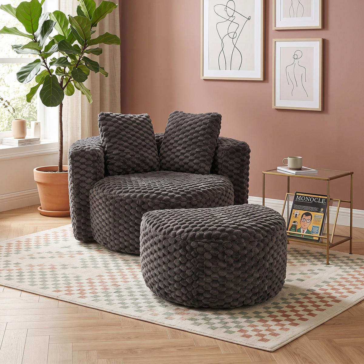 LOUNGESESSEL Mit Hocker Übergroß Rund Komprimiert Ohne Montage - Dunkelgrau, Textil (129/65/116cm) - Urban Meuble