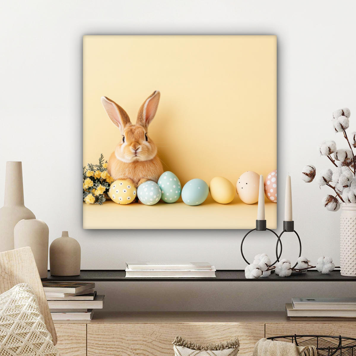 LEINWANDBILD Eier - Kaninchen - Pastellfarbtöne Wandbild Wohnzimmer 50x50 cm - Hellgelb, Textil (50/50cm) - MuchoWow