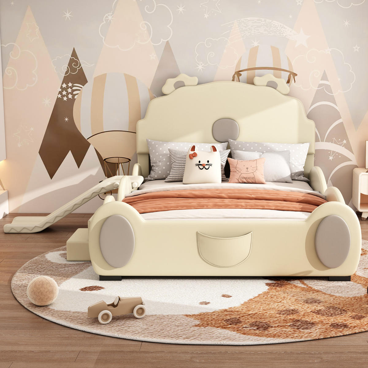 KINDERBETT 140/200 cm mit Rutsche und Leiter im Cartoon-Bärendesign aus PU, Beige - Beige, Kunststoff (140/200cm) - Redom