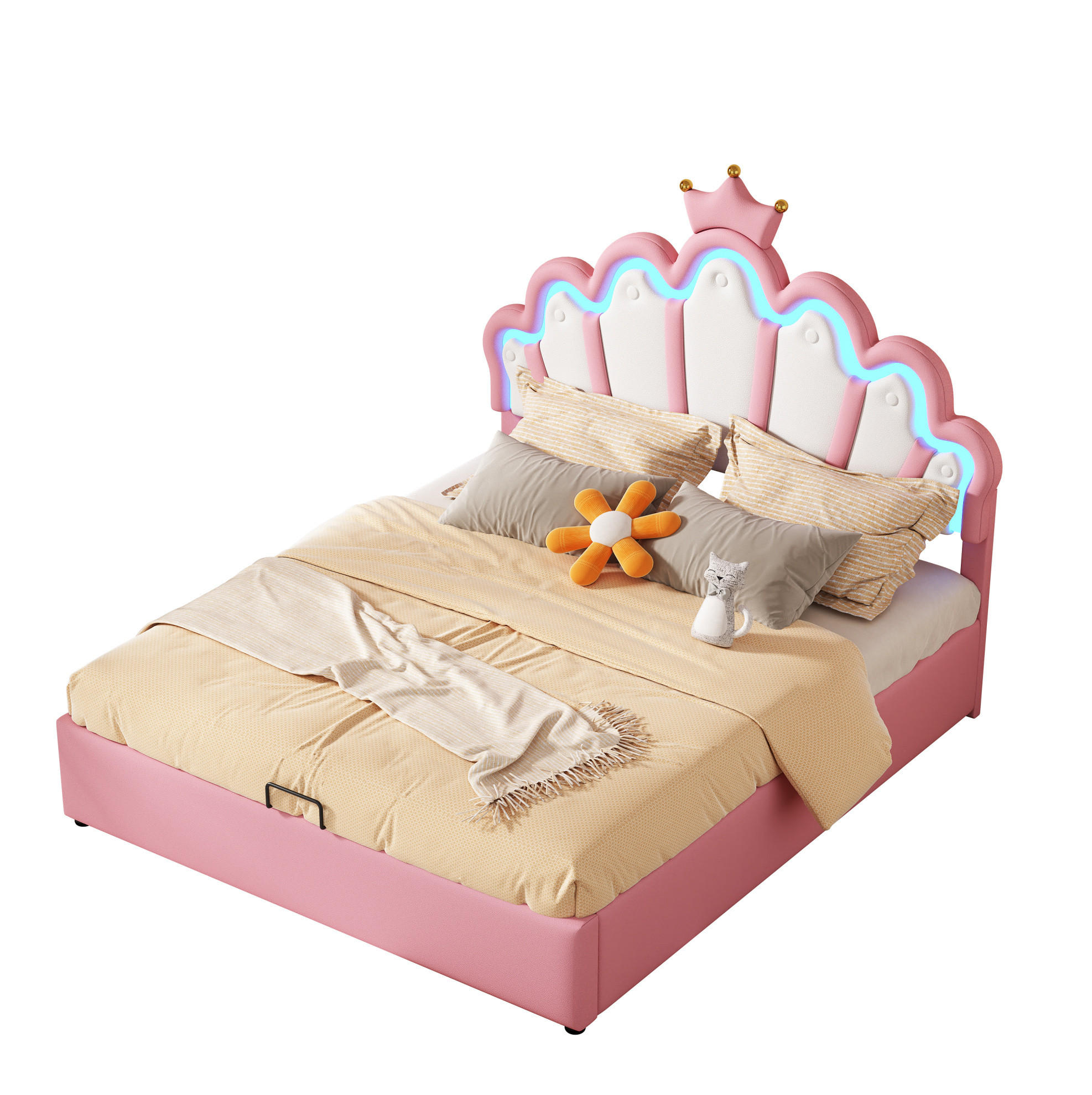 Modfu ČALÚNENÁ posteľ z PU kože 140x200 cm ružová s LED osvetlením a hydraulickým úložným priestorom
