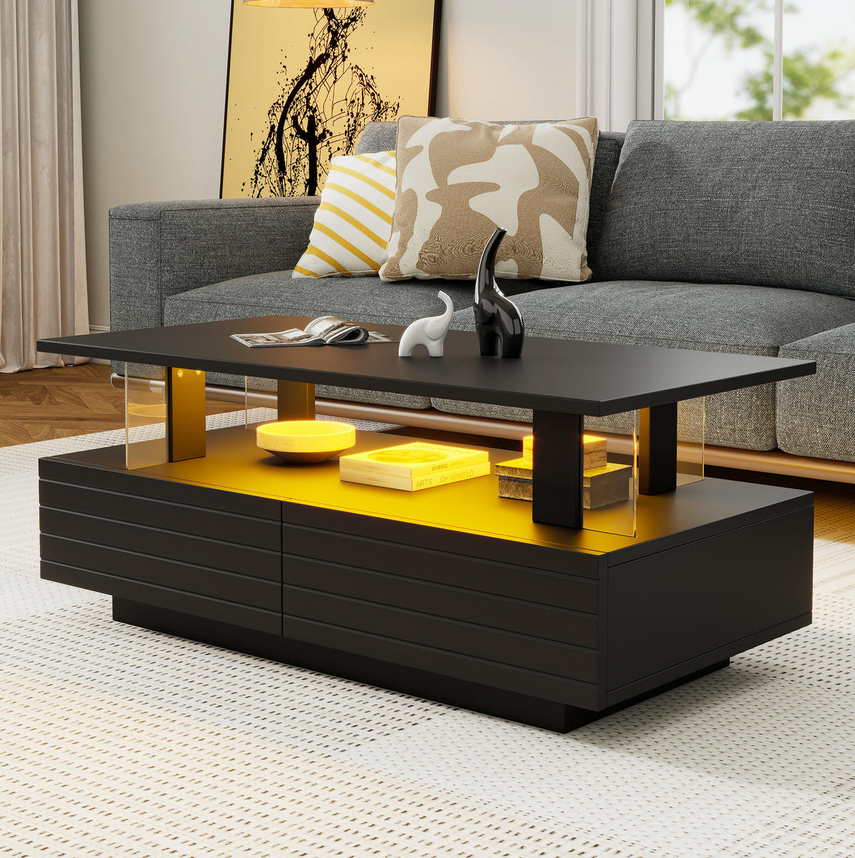 COUCHTISCH aus Acryl 100x50x42 cm Schwarz mit LED-Beleuchtung, App-Steuerung und 2 Schubladen - Schwarz, Holzwerkstoff (100/50/42.5cm) - Modfu