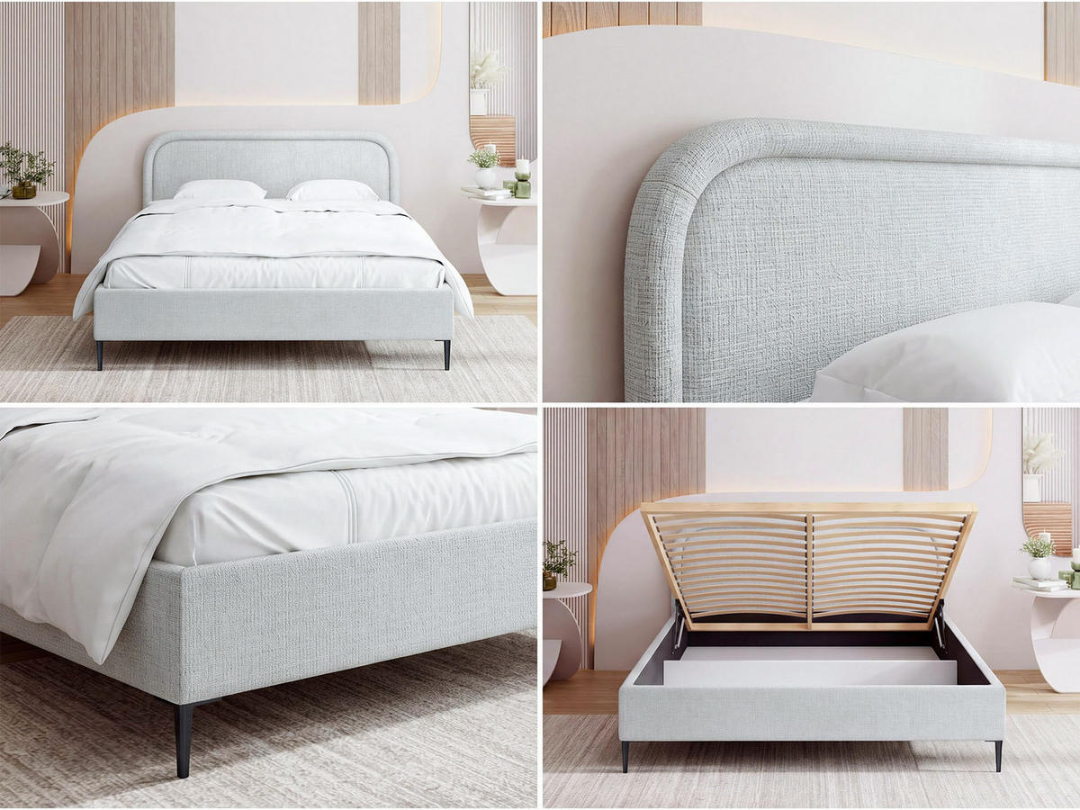POLSTERBETT Jasmine Slim mit Bettkasten, Lattenrost & hohen Metallfüßen in Dunkelblau Chenille 140x200 cm - Birkefarben/Schwarz, Holz/Textil (140/200cm) - WFL GROUP