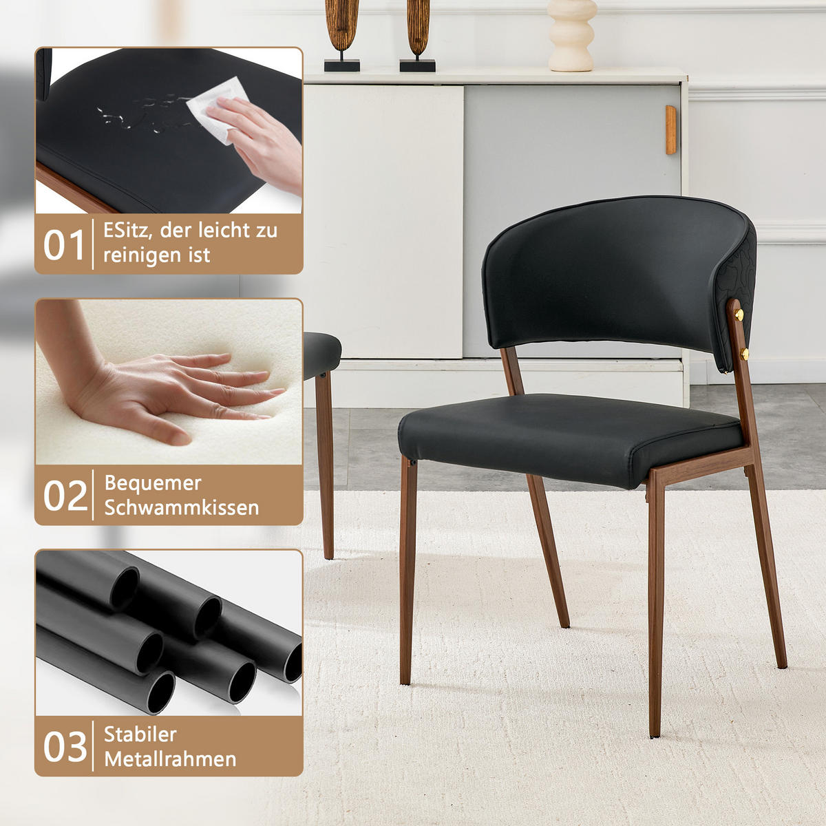 STUHL-SET DE-36689 2 Stück mit Kunstlederbezug und Metallgestell Schwarz - Schwarz, Metall (49/78/51cm) - ComfortXL