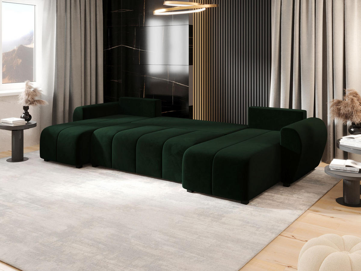 WOHNLANDSCHAFT MOLISA U Itaka 10 mit Schlaffunktion - Dunkelgrün, Textil (303/82/208cm) - Bedante