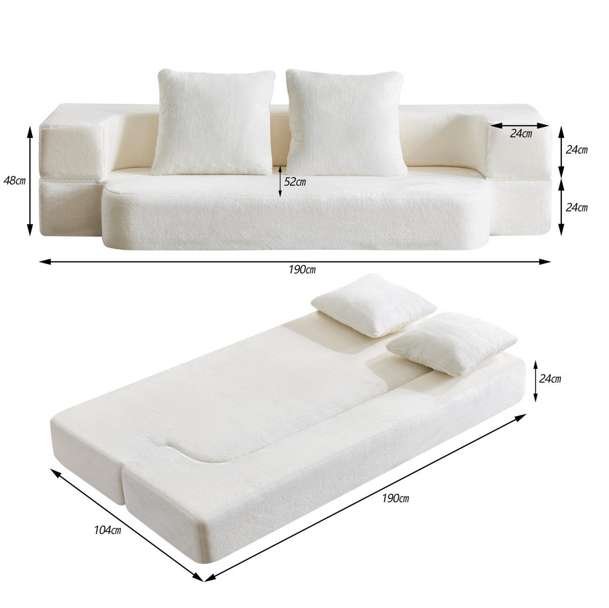 SCHLAFSOFA aus Schaumstoff Cremeweiß mit Schlaffunktion, Federkern und Kissen - Weiß, Kunststoff (190/48/52cm) - Modfu