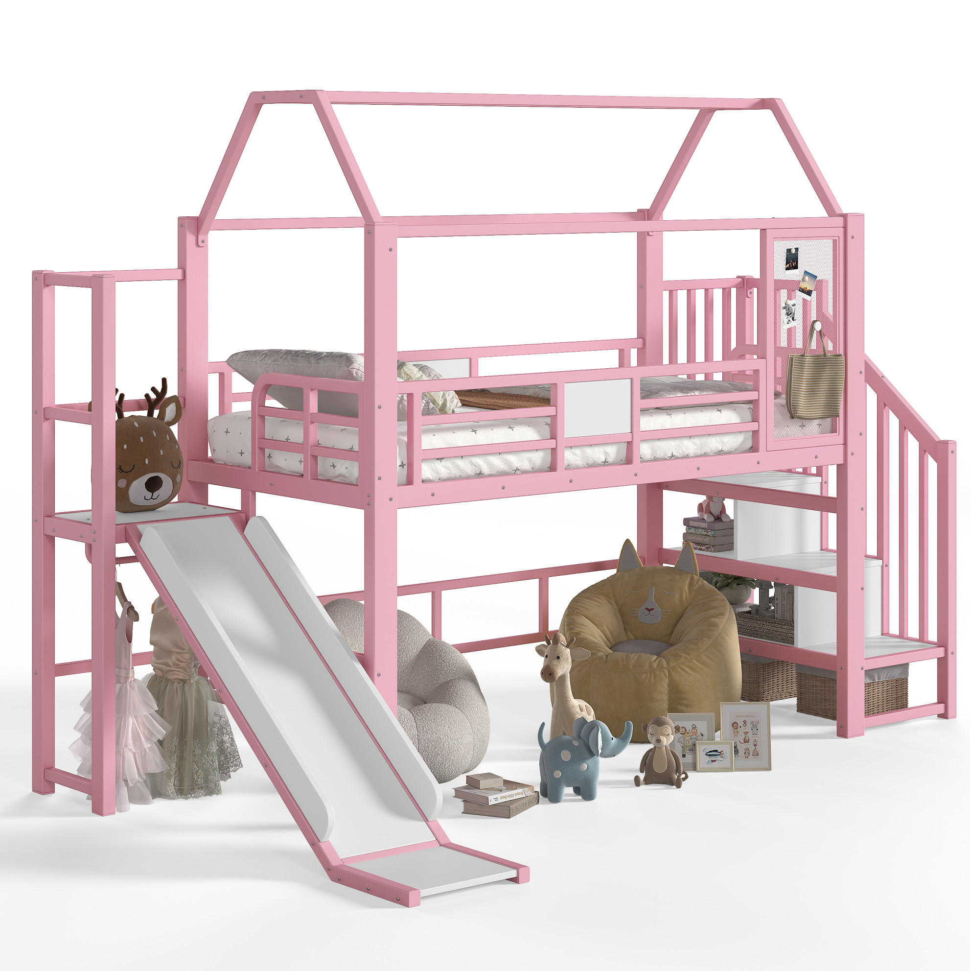 KINDERHOCHBETT MDF & Metall 90x200 cm Pink mit Rutsche, Treppe und LED-Beleuchtung im Hausdesign - Pink, Holzwerkstoff (90/200cm) - Modfu