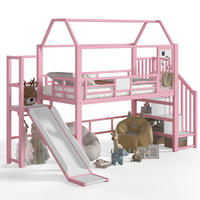 KINDERHOCHBETT MDF & Metall 90x200 cm Pink mit Rutsche, Treppe und LED-Beleuchtung im Hausdesign - Pink, Holzwerkstoff (90/200cm) - Modfu